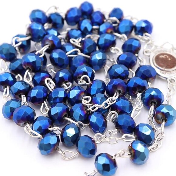 Deep Metallic Blue Crystal Rosary Necklace Jesus Cross Religious Jewelry NWOT - Picture 8 of 13